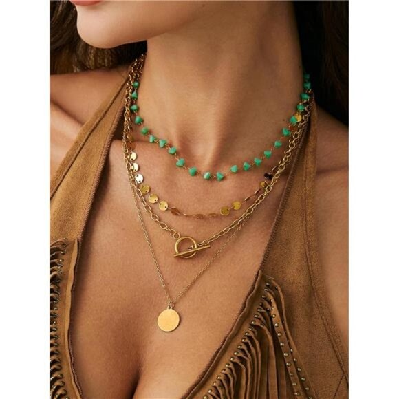 Layered Gold Chain Necklace Set | Turquoise & Coin Pendant - Picture 3 of 6